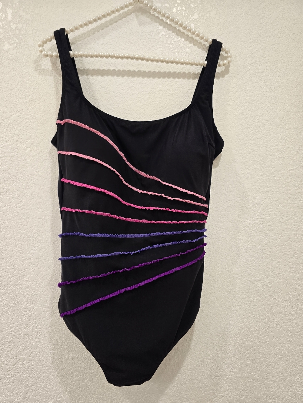 Gottex Black Square Neckline Swimsuit Diagonal Pink Purple Mesh Ruffles 12